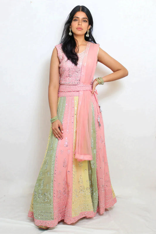 Designer Pastel Multicolor Lehenga with Pink Choli and Belt
