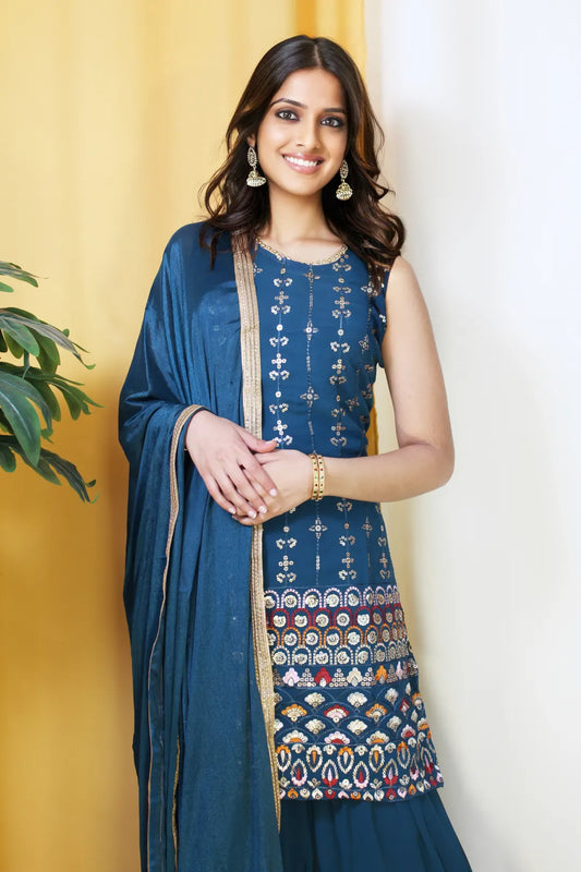 Blue Embroidered Gharara with Two Dupattas