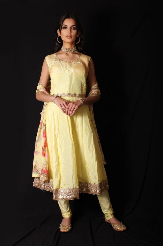 Yellow Anarkali with Floral Dupatta